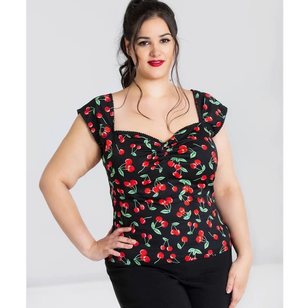 Hell Bunny Rockabilly 1950s Cherry Pie Print Top 4X Pin-up Blouse Retro Coquette